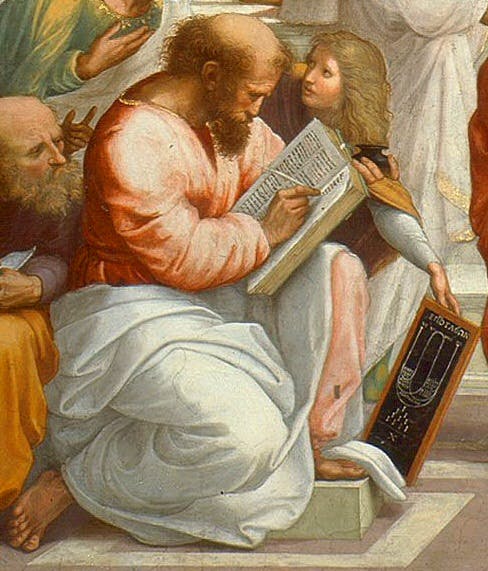 Detail of Pythagoras with a tablet of ratios, numbers sacred to the Pythagoreans, from The School of Athens by Raphael. Vatican Palace, Rome, 1509